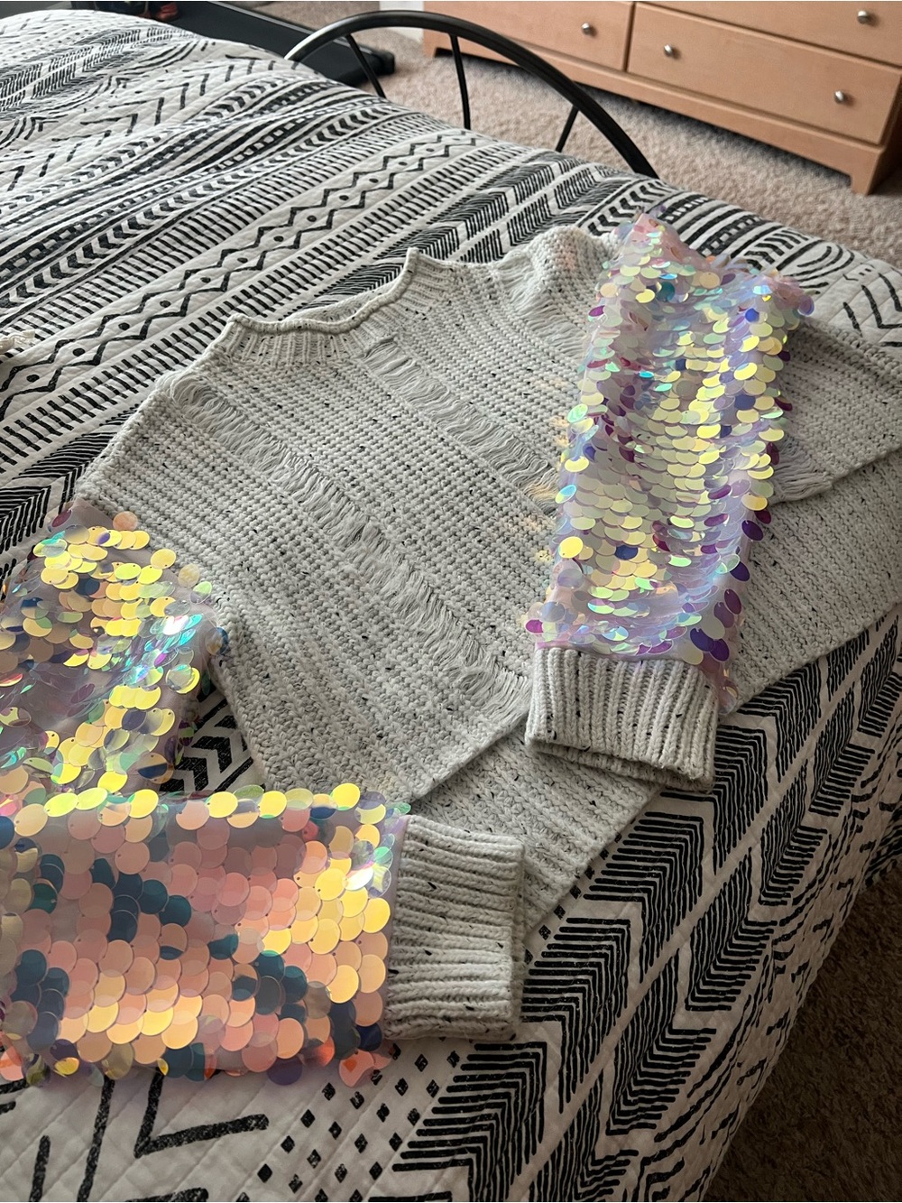 Rehab Light Gray Knit Crewneck Sweater with Iridescent Sequin Sleeves